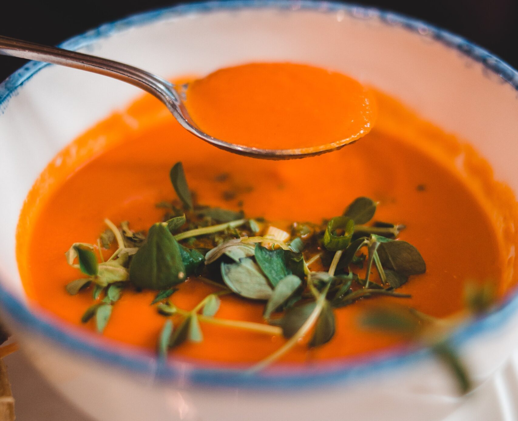 Soup in bowl with garnish - the best lunch in Colchester!