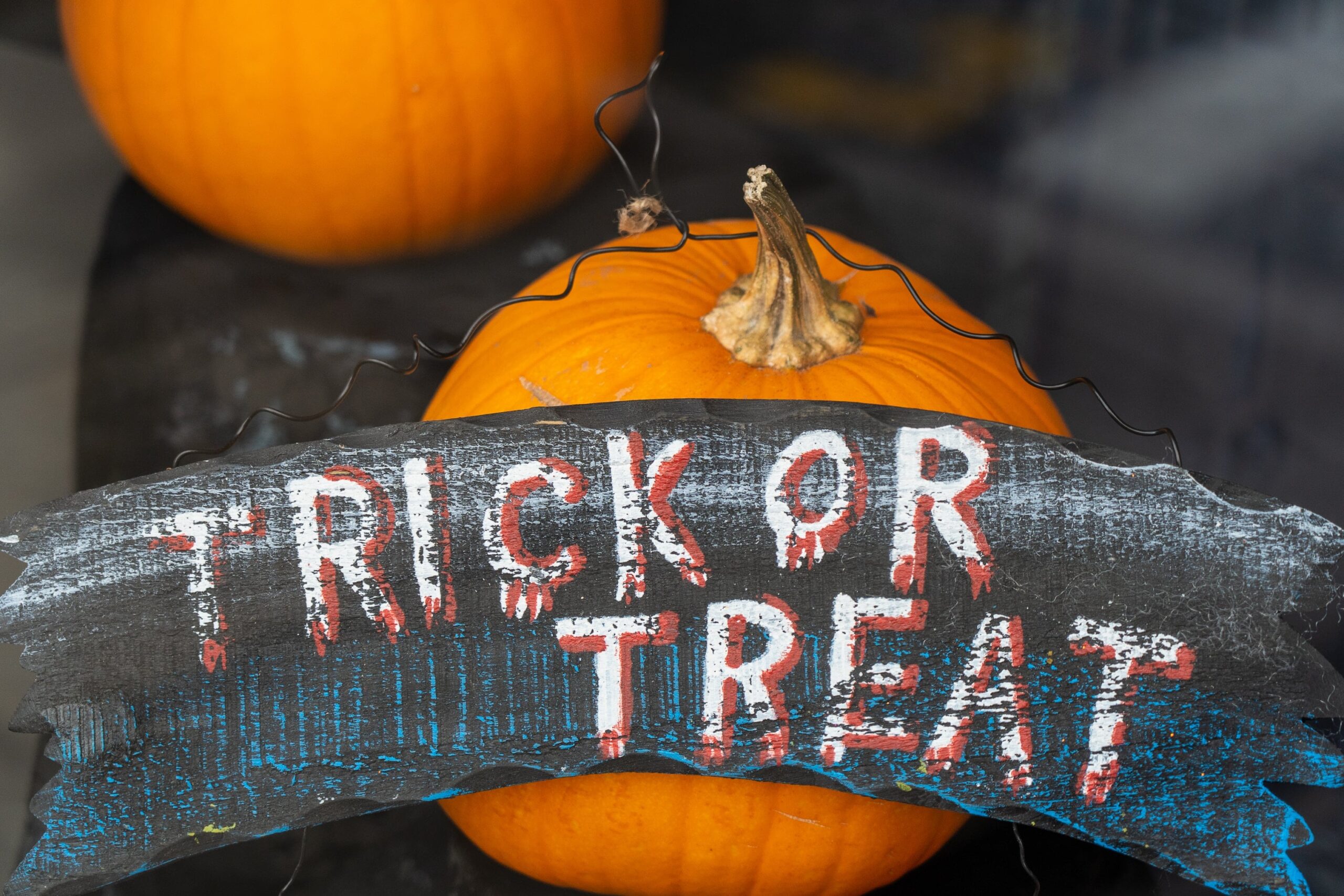 Trick or Treat sign on wood with pumpkin behind it - a decoration for the halloween party catering