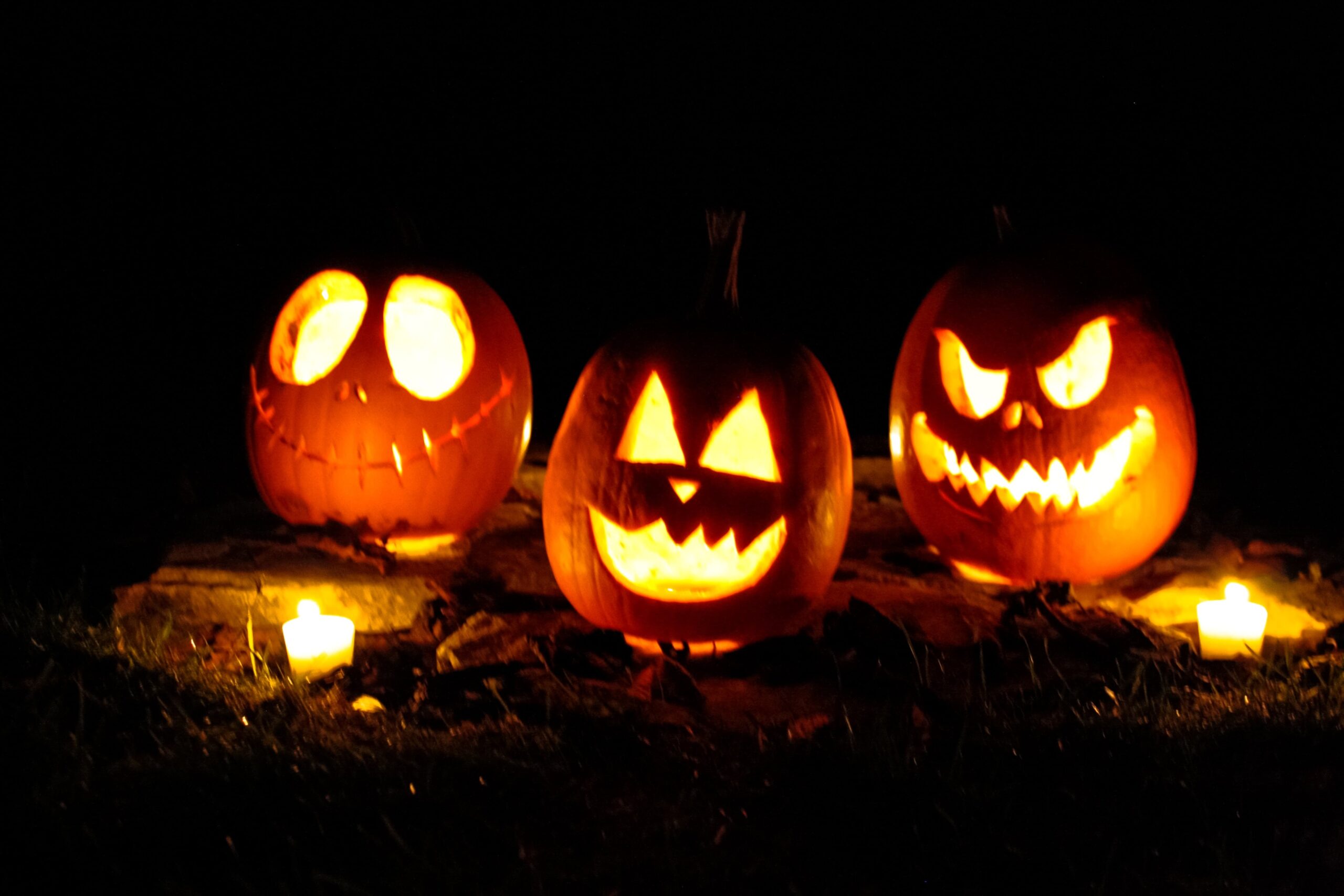 pumpkins with scary faces in the dark lite up - decorations for halloween party catering